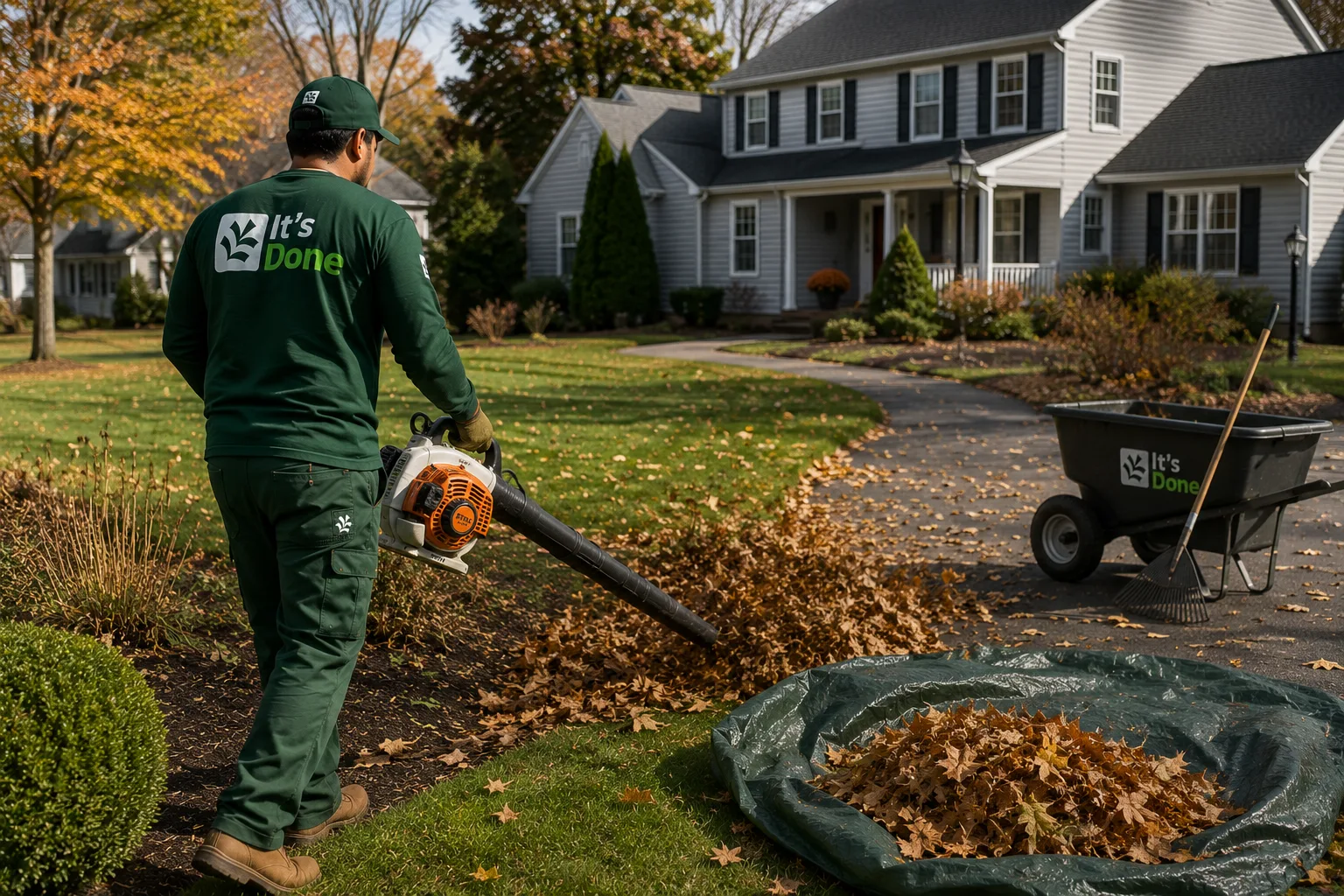 Fall leaf cleanup with blower and tarp in Springfield MA
